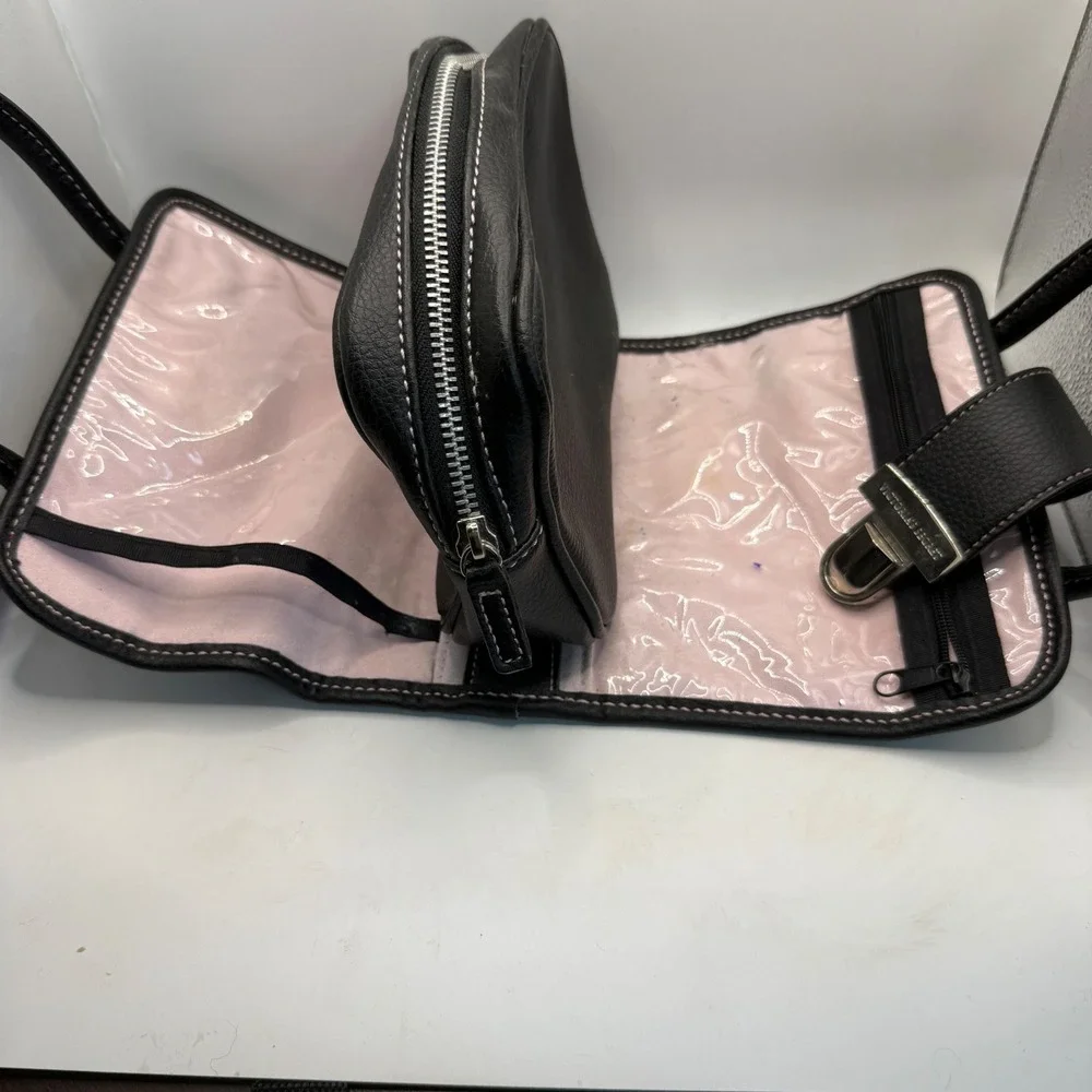 Victorias‎ Secret Black Pebbled Travel Vanity Case Makeup Bag Pink Stitching